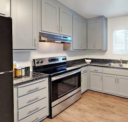 A kitchen with a black refrigerator, black oven, and black countertops.