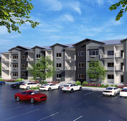 an architectural rendering of an apartment building with cars in a parking lot