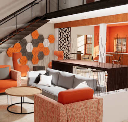 A living room with orange and grey furniture.