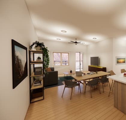 A modern kitchen with a dining table and chairs.