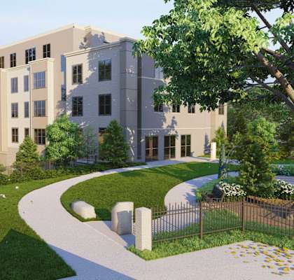 a rendering of an apartment building with a walkway and garden