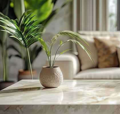 A potted plant sits on a table in front of a couch.