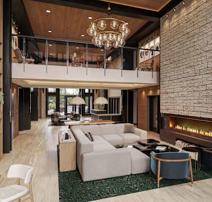 A modern living room with a fireplace and a chandelier.