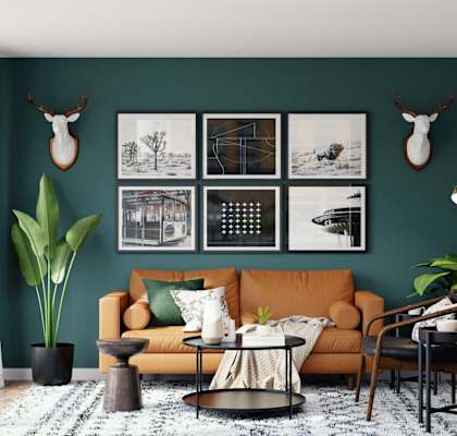 Model Living Room with Plants and Wall Art