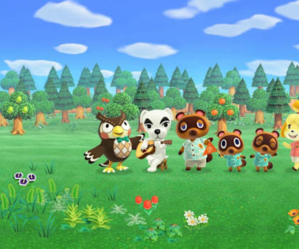 A group of cartoon animals are standing in a field.