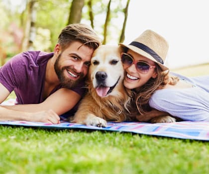 A man and woman are lying on a blanket with a dog in a park.