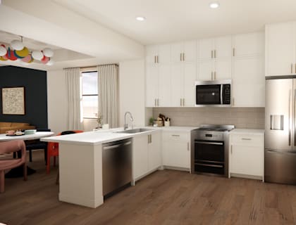 A modern kitchen with white cabinets and stainless steel appliances.