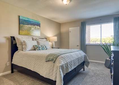 a bedroom with a large bed and a window
