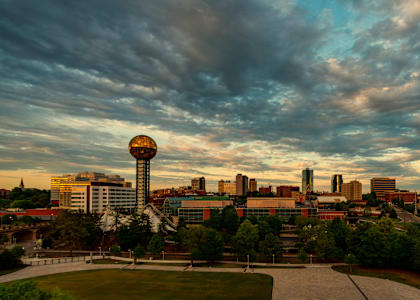 A cityscape with a prominent tower in the foreground.