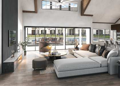 a living room with a couch and a table