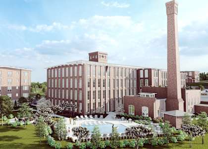 a rendering of a building with a fountain in front of it