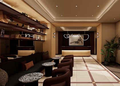 A modern lounge area with a long row of couches and a large artwork on the wall.
