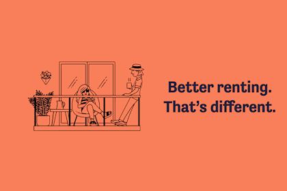 An illustration of two people sitting on a balcony with the text better renting that