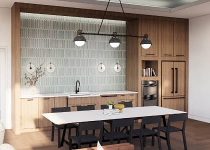 a rendering of a dining room and kitchen in an apartment