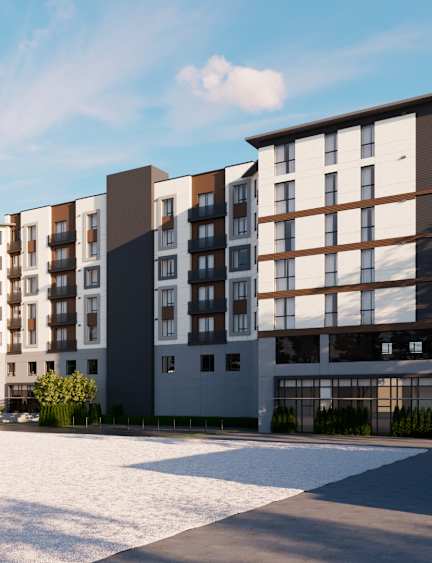 A modern apartment complex with multiple buildings and balconies.