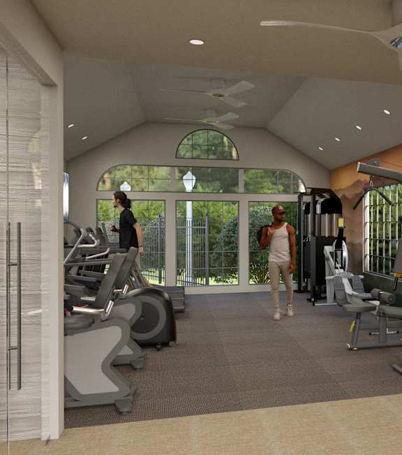 A gym with a variety of equipment including treadmills, weights, and exercise machines.