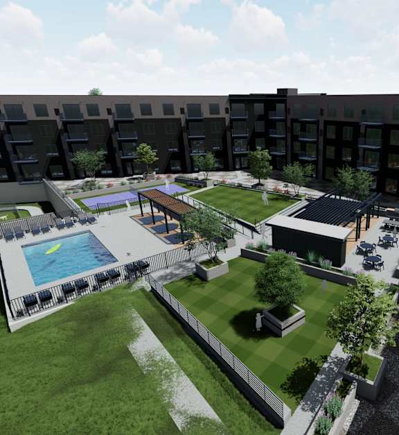 A modern building complex with a pool and green spaces. at Olivine Apartments, Victoria 55386