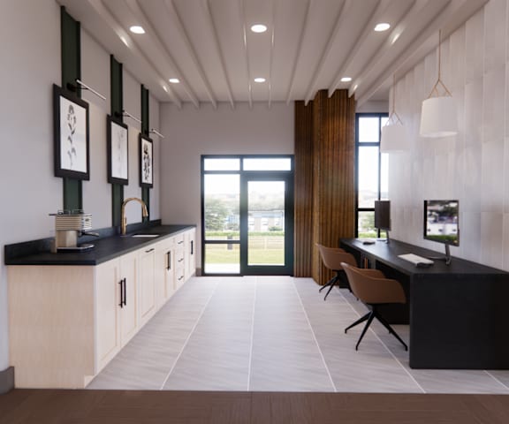 a study area with a desk and chairs and a glass door