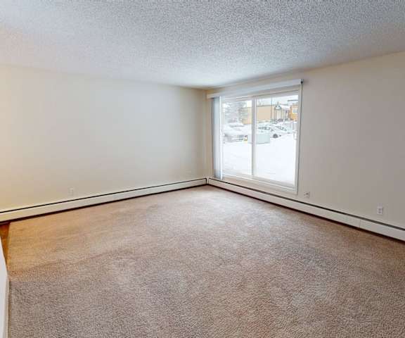 A large empty living room with carpeting and a glass door to the patio at Park Place South Apartments. 