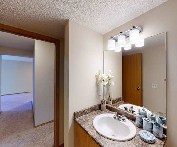 The cute bathroom with a mirror, sink, countertop with toiletries, lighting, and decorative orchid with a view of the adjoining empty bedroom at Sonora Apartment Homes. 