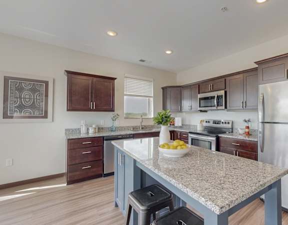 A kitchen with a granite countertop and stainless steel appliances.