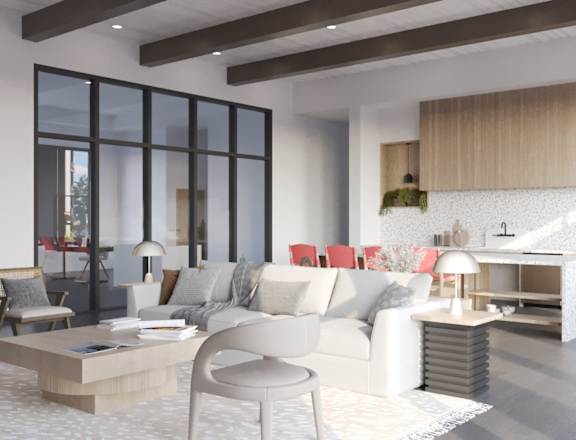 A modern living room with a white sofa and a coffee table.