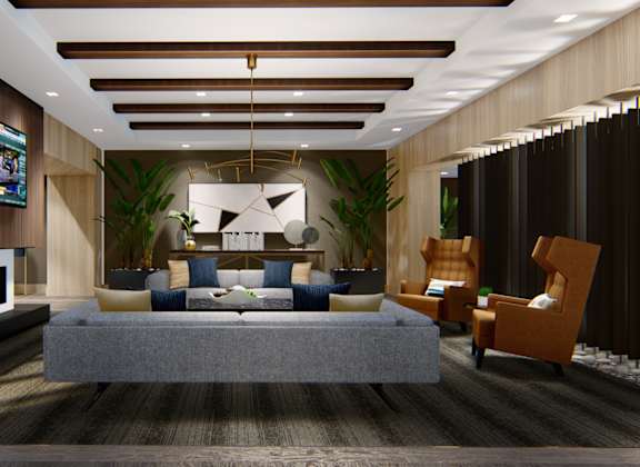 A modern living room with a fireplace and a large bed.