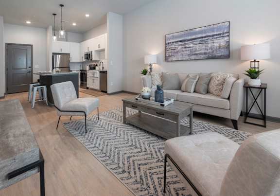 A modern living room with a grey sofa, a wooden coffee table, and a grey and white rug.