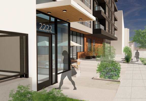 a rendering of the facade of a building with people walking on the sidewalk