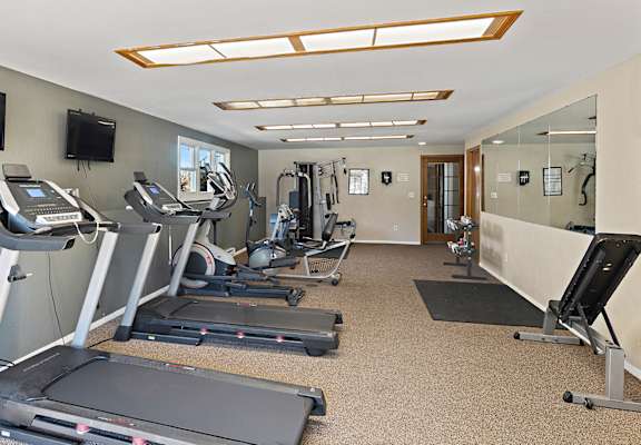 the gym has plenty of exercise equipment and a tv