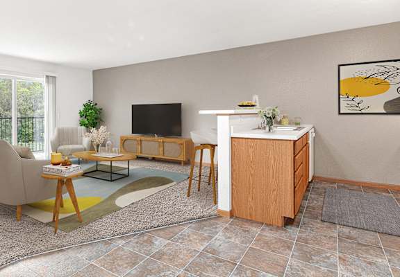 a living room with a couch and a bar and a television