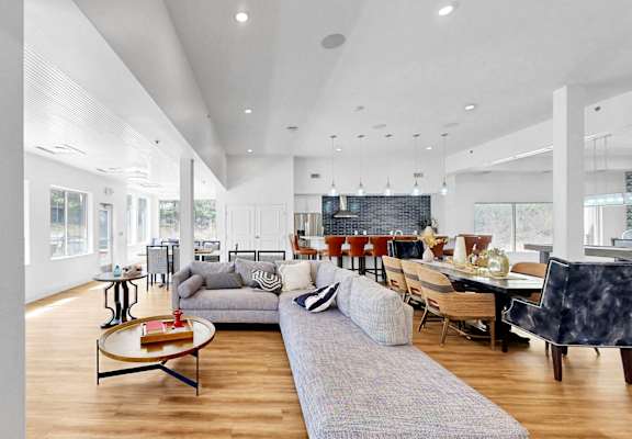 A modern living room with a grey sofa and a coffee table.