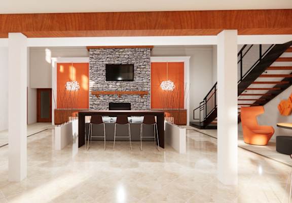 A modern living room with a stone fireplace and a staircase.