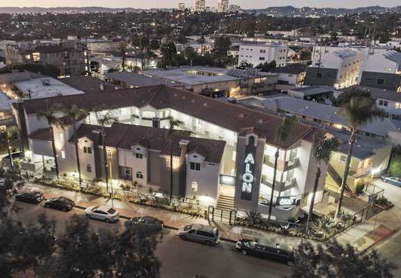 Aerial view of the apartment building at Alon Apartments, Los Angeles, CA, 90034