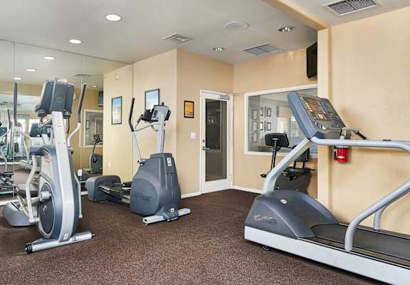 A gym with treadmills, elliptical machines, and other exercise equipment.