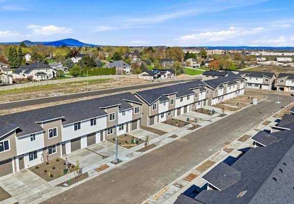 A row of houses with a mountain in the background.