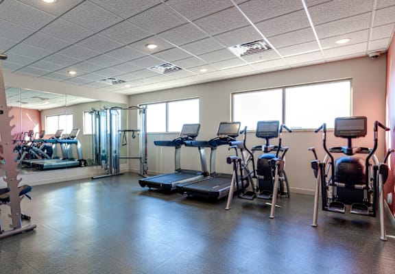 A gym with a variety of equipment including treadmills, weight machines, and benches.