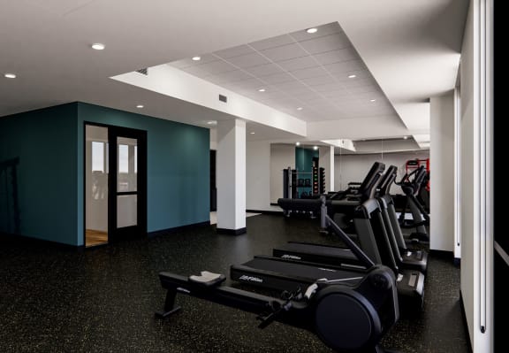 a rendering of a fitness room with weights and other exercise equipment at The Gateway at West Lake Quarter in Minneapolis, MN
