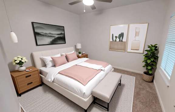 A bedroom with a bed, nightstand, and a plant.