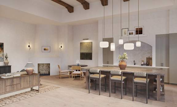 A modern dining room with a wooden table and chairs.