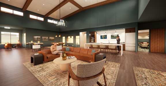a rendering of a living room with couches and tables