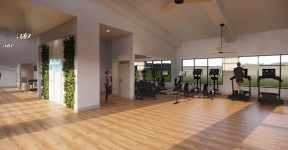 a rendering of a gym with a wood floor and windows