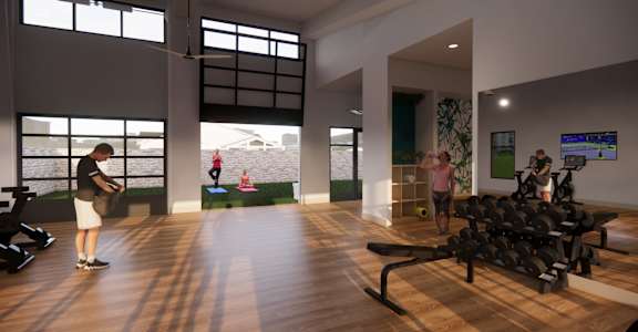 a rendering of a fitness room with weights and people in it