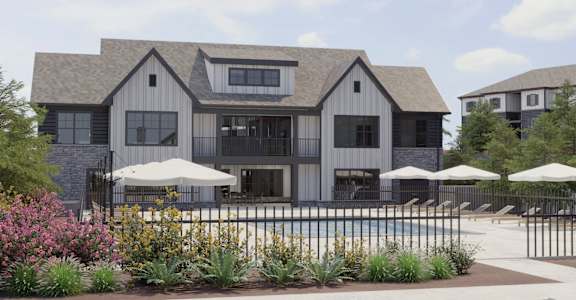 a rendering of a house with a pool and umbrellas