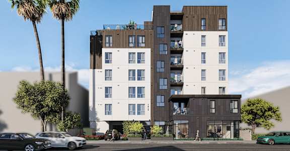 a rendering of an apartment building on a city street at Skylar At Sunset, Los Angeles, CA 90027