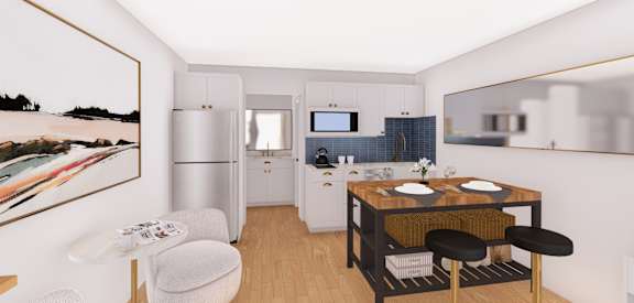 A modern kitchen with a dining table and chairs.