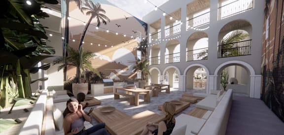 a rendering of a lobby with people sitting on benches and tables