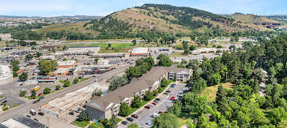 an aerial view of a city with a mountain in the background