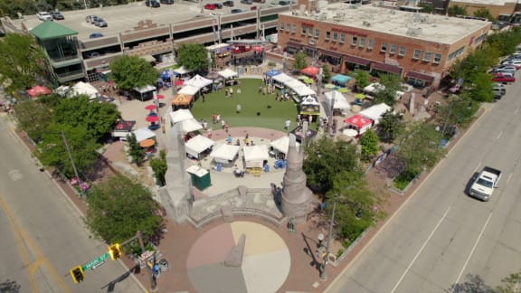 an aerial view of the fountain in the center of a city park  at Antelope Ridge, South Dakota