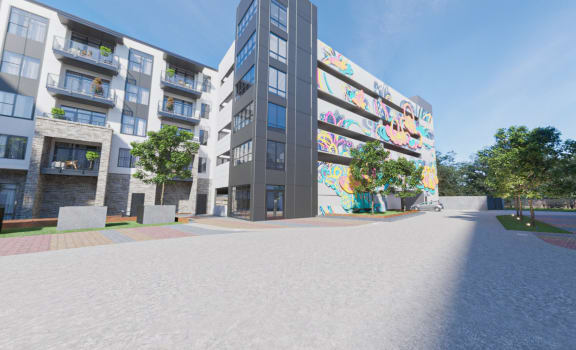an artist impression of a redeveloped building with colourful murals on the side of it
